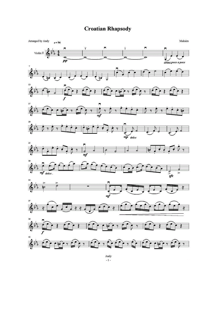 克罗地亚狂想曲（Croatian Rhapsody） 提琴谱_第1页