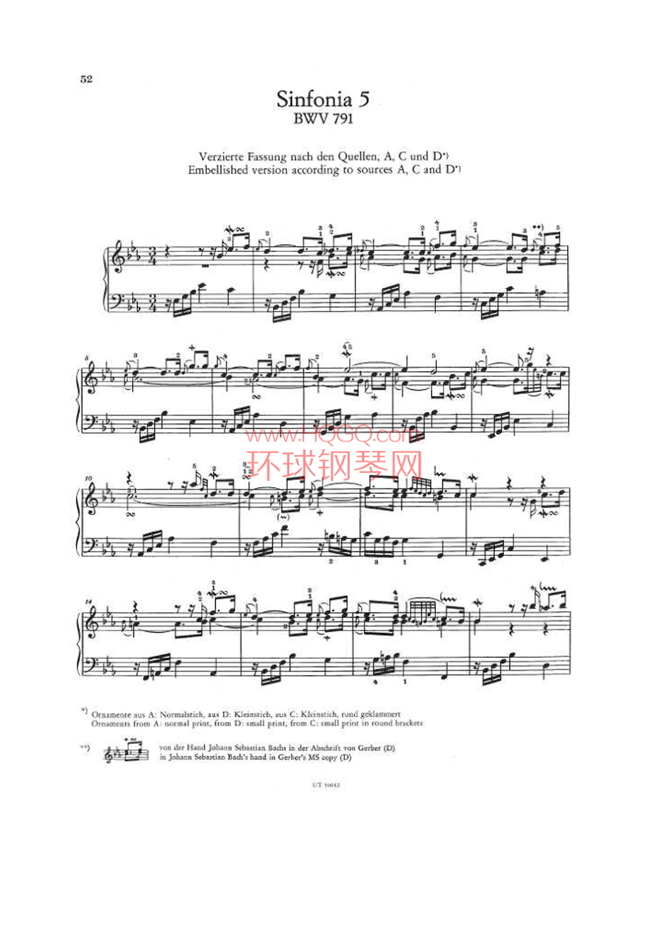 巴赫三部创意曲No.5 降E大调（1723年手稿）BWV 791a 钢琴谱_第1页