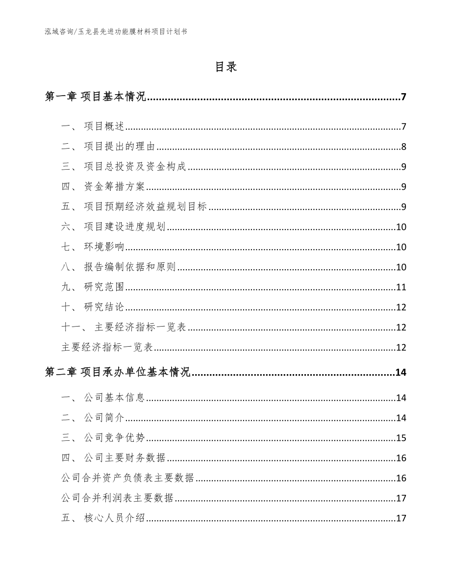 玉龙县先进功能膜材料项目计划书参考模板_第1页