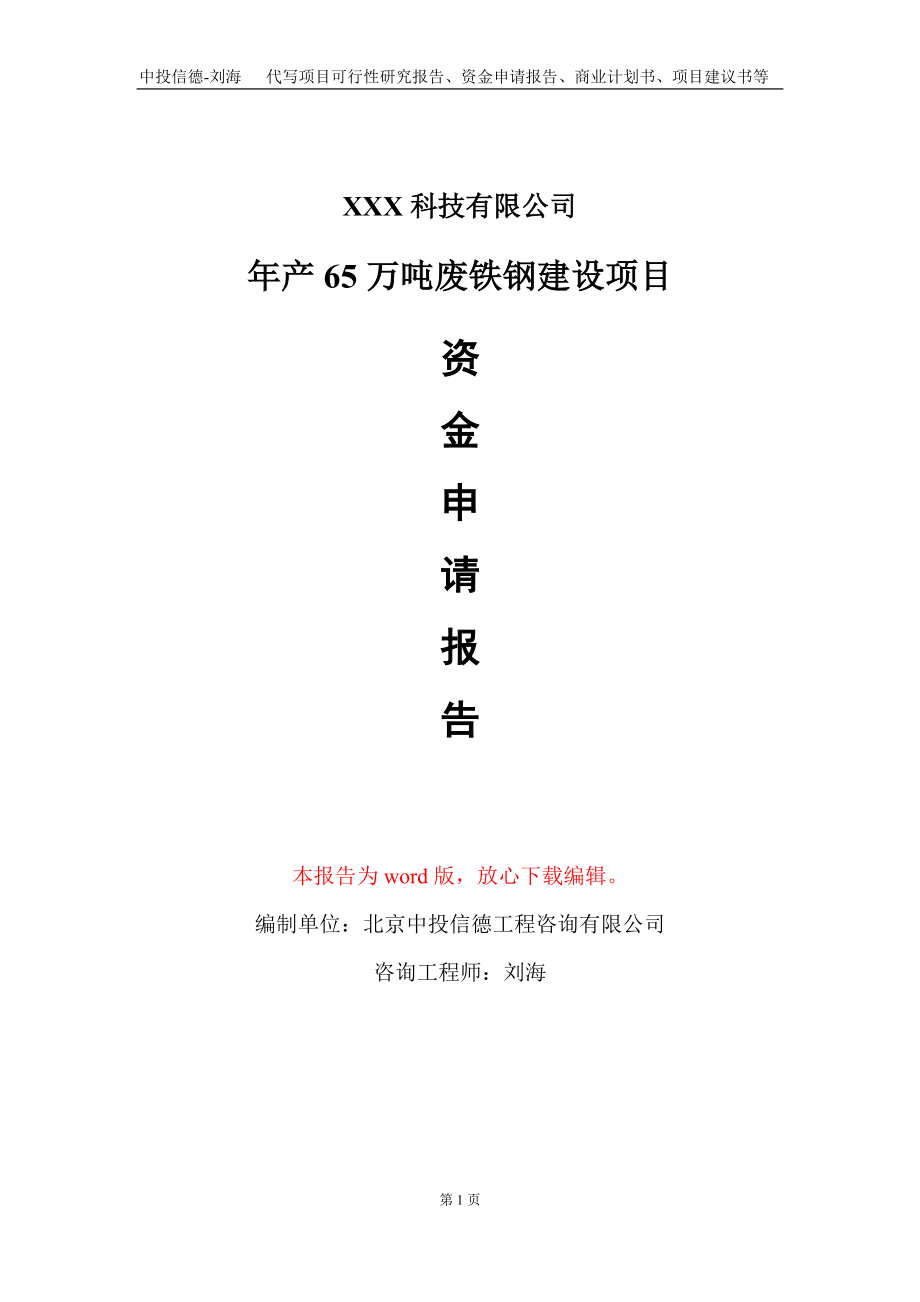 年产65万吨废铁钢建设项目资金申请报告写作模板_第1页