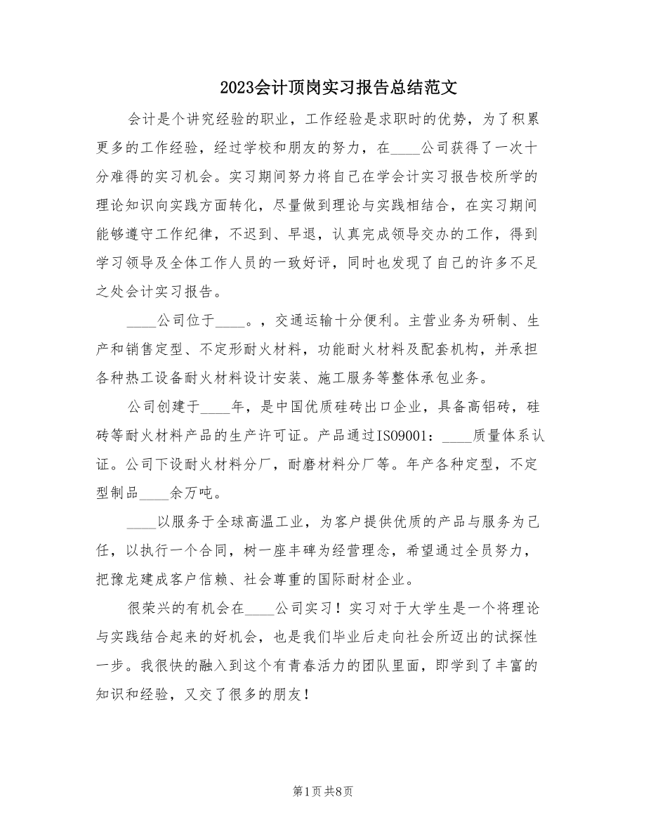 2023会计顶岗实习报告总结范文.doc_第1页