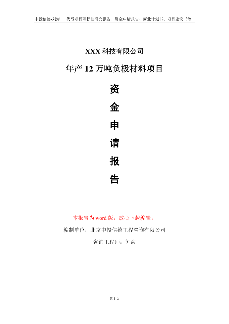 年产12万吨负极材料项目资金申请报告写作模板_第1页