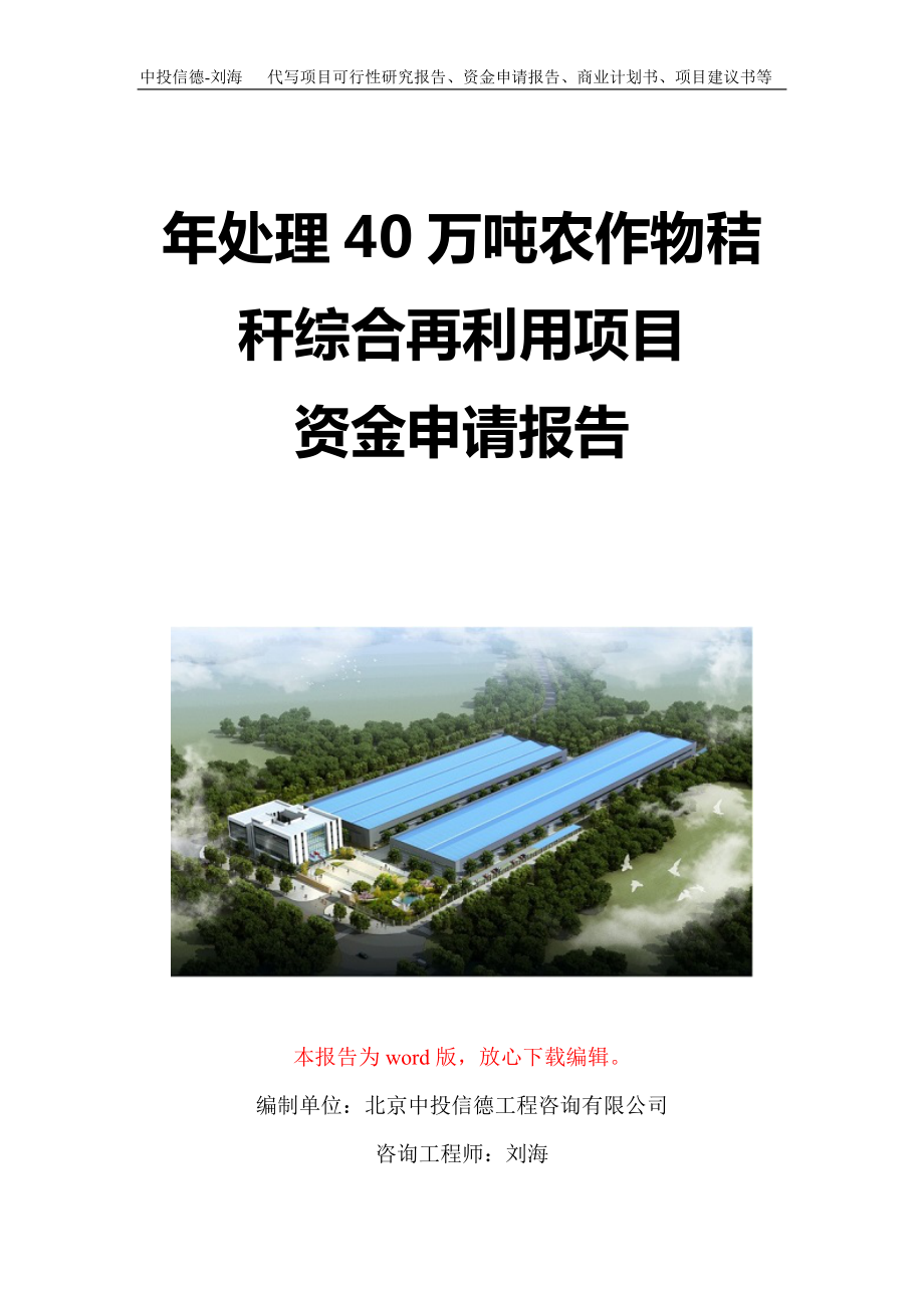 年处理40万吨农作物秸秆综合再利用项目资金申请报告写作模板定制_第1页