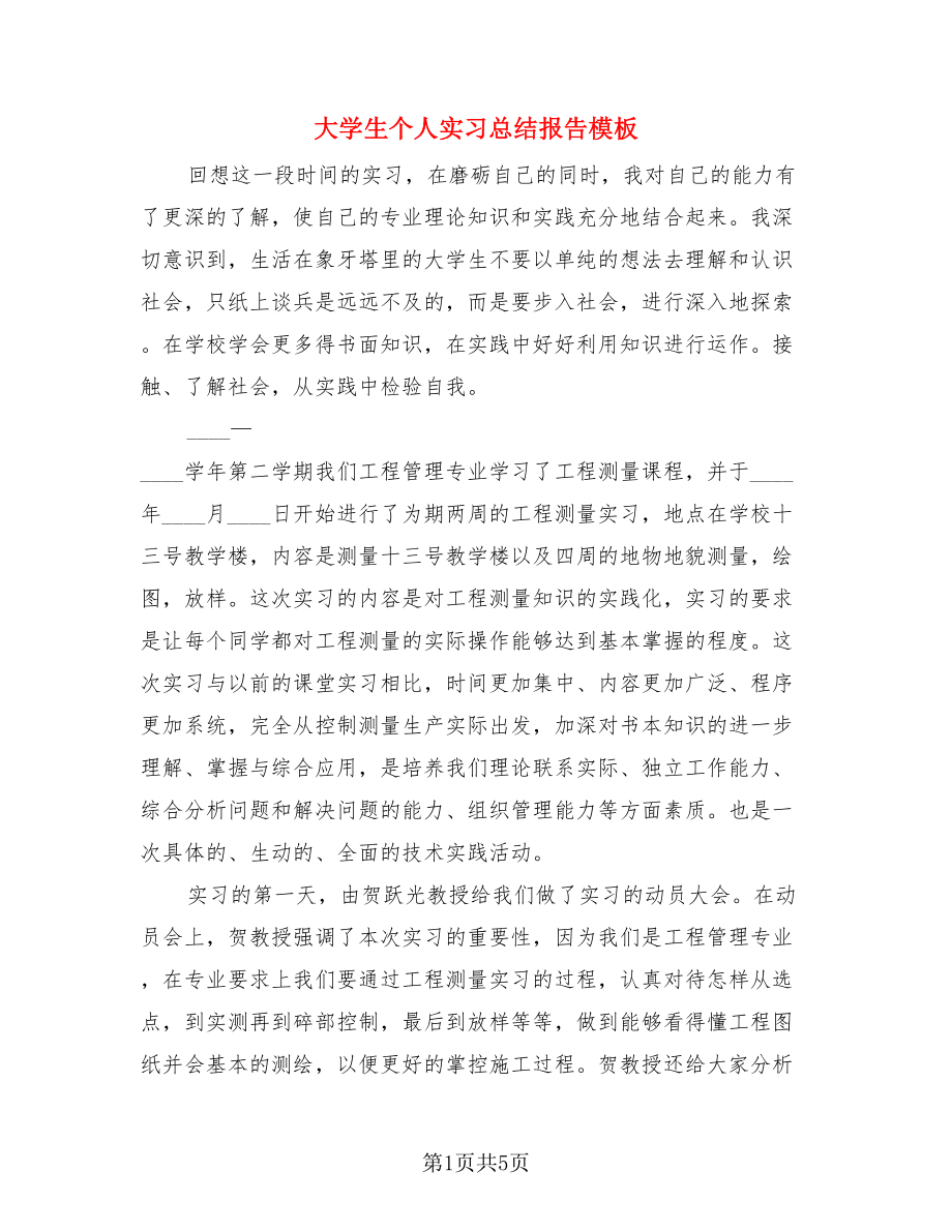 大学生个人实习总结报告模板（二篇）.doc_第1页