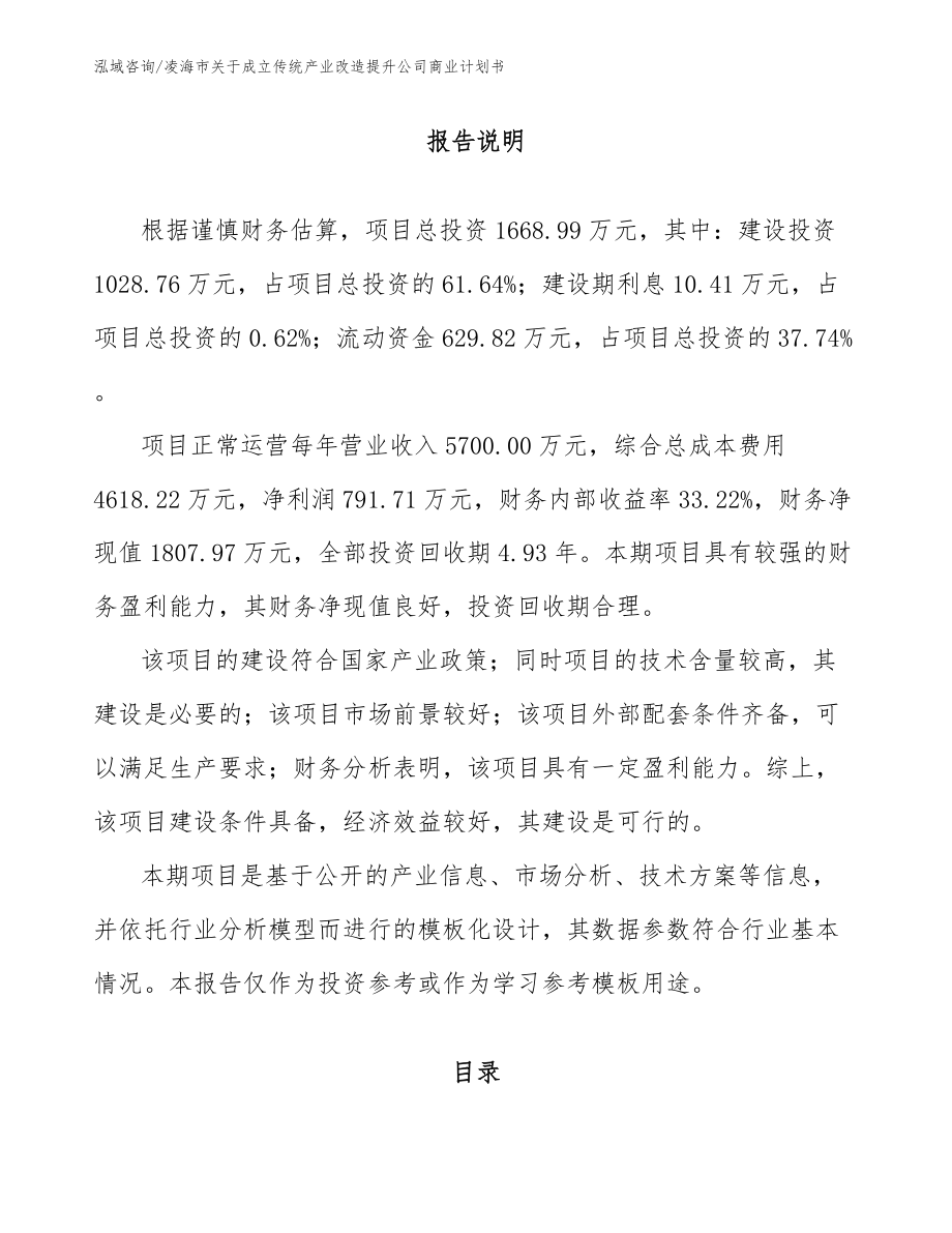 凌海市关于成立传统产业改造提升公司商业计划书_模板_第1页