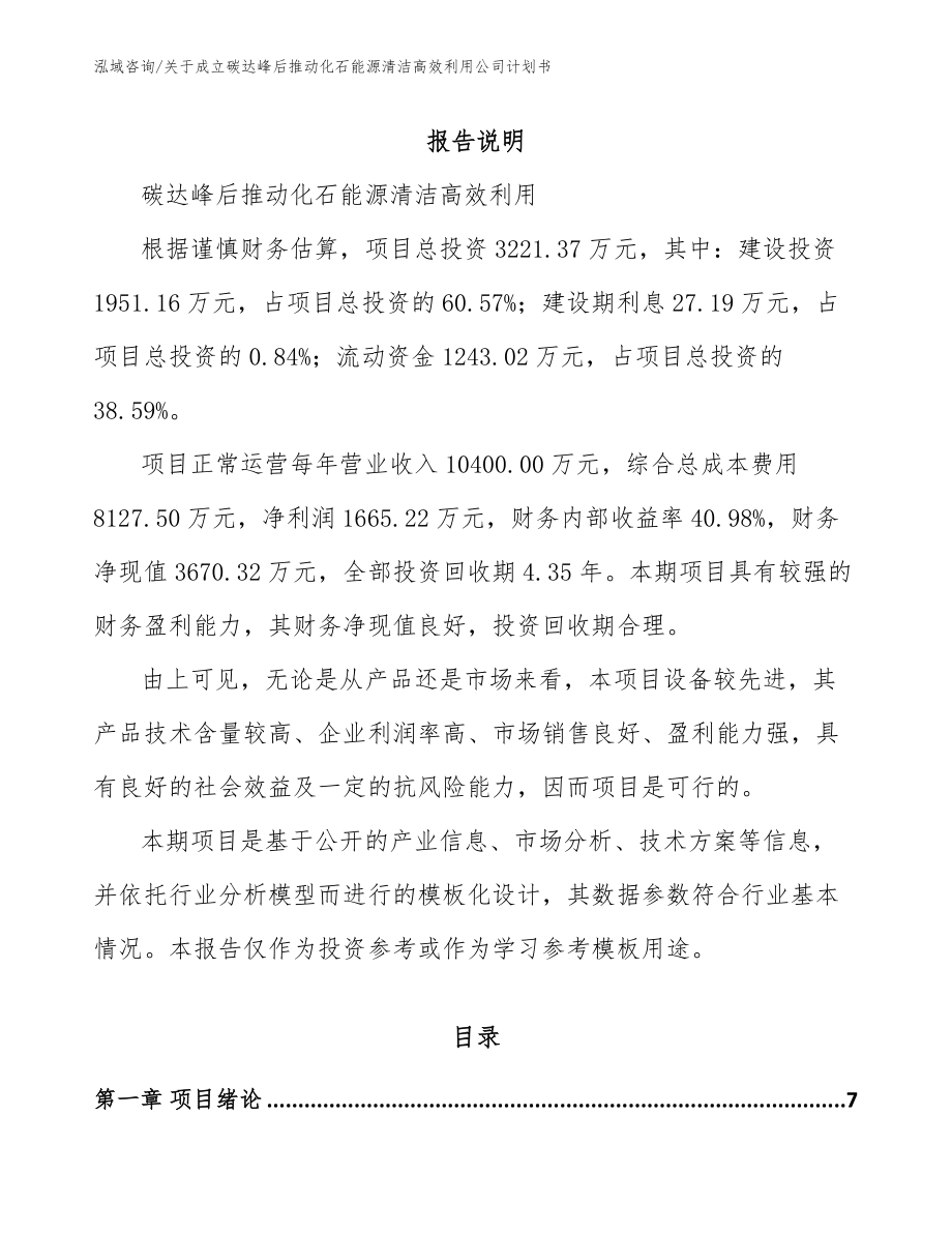 关于成立碳达峰后推动化石能源清洁高效利用公司计划书（参考模板）_第1页