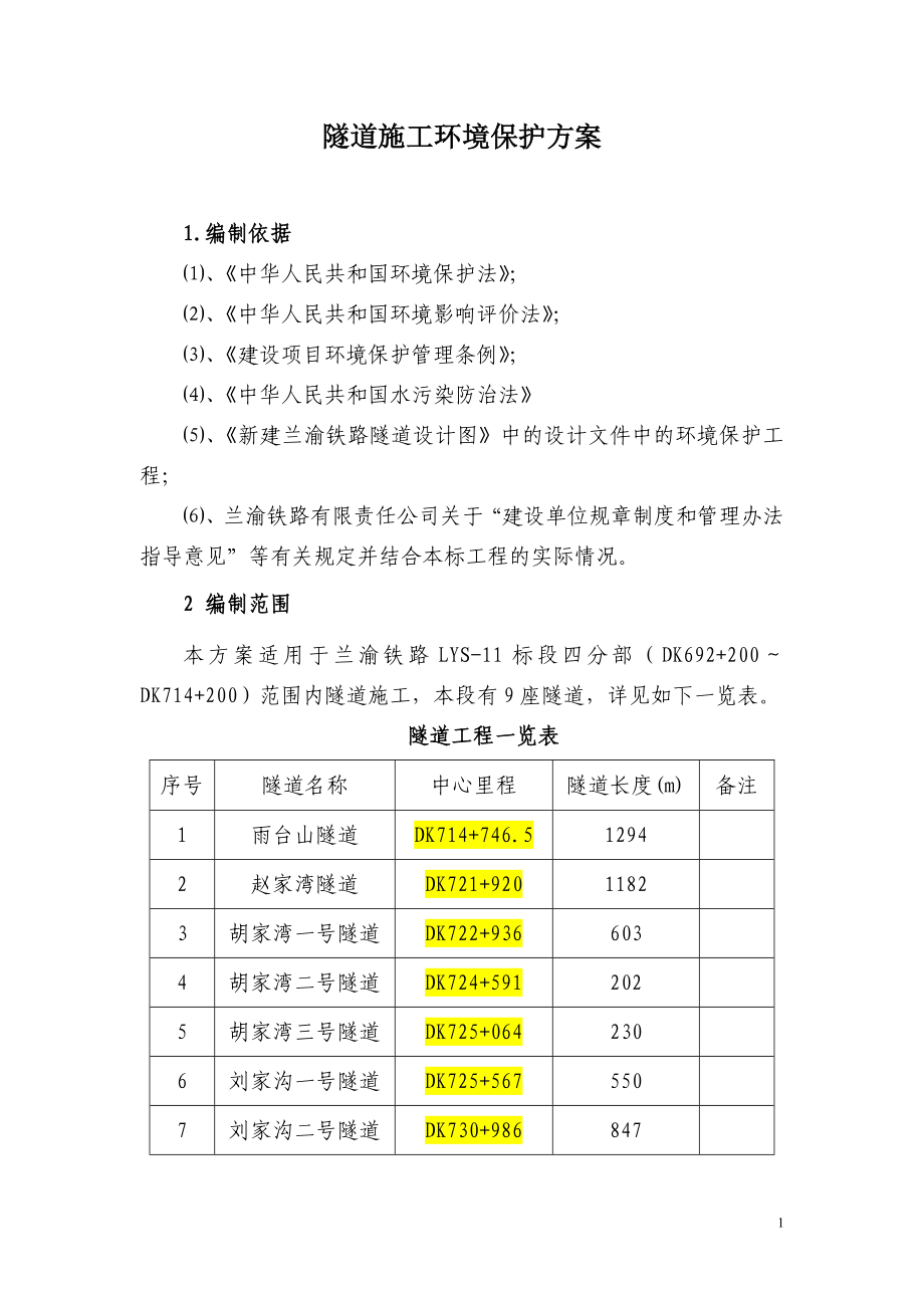 隧道施工环境保护方案(正文)_第1页