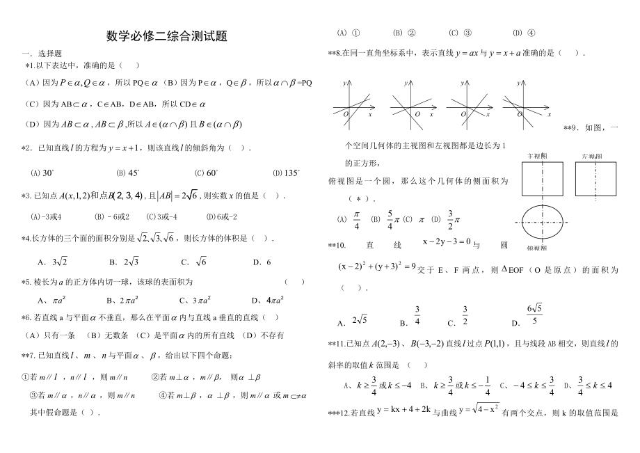 人教版A数学必修二综合测试题(含答案)[1]_第1页