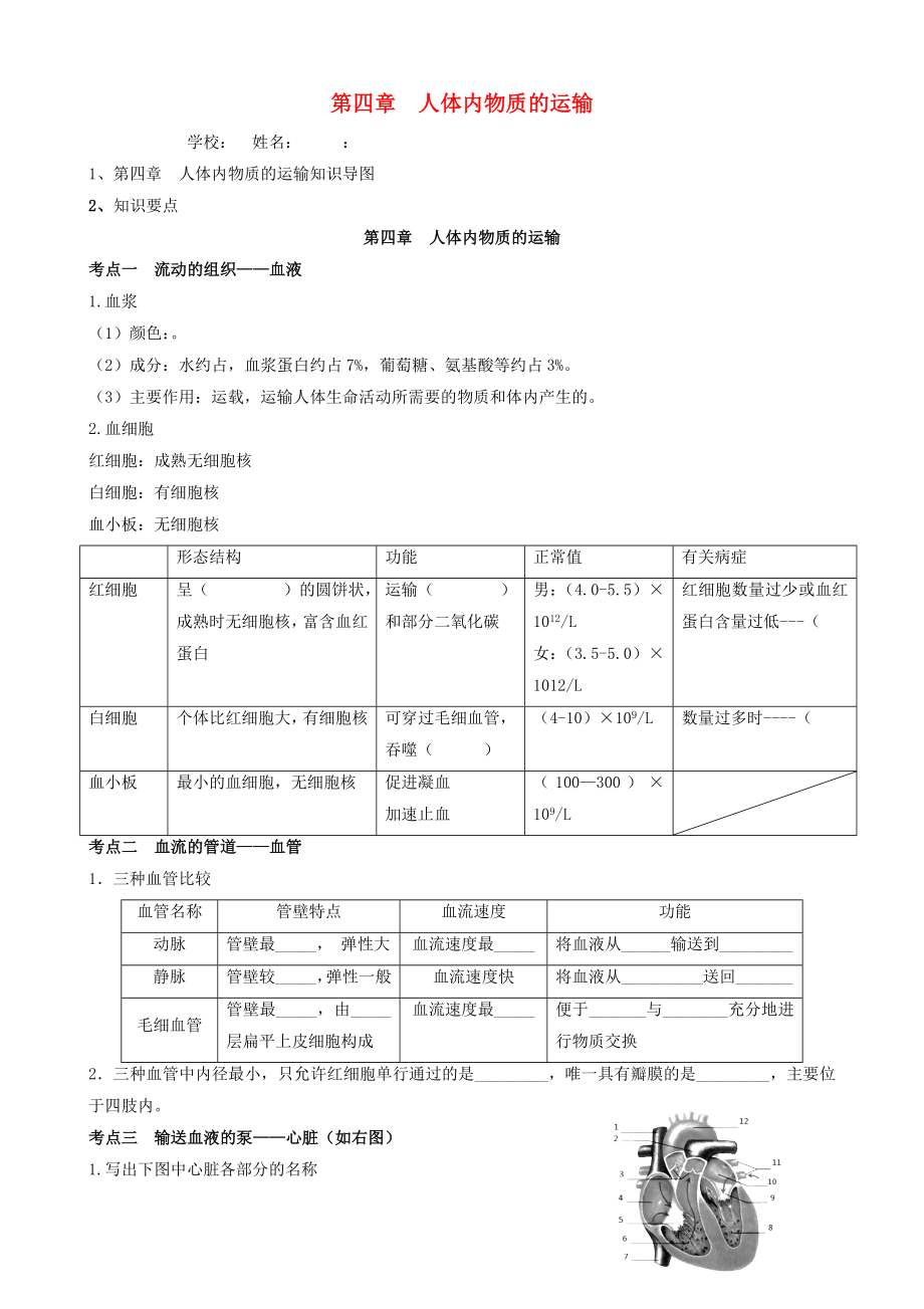 广东省中山市2023届中考生物专题复习第四单元生物圈中的人第四章人体内物质的运输_第1页