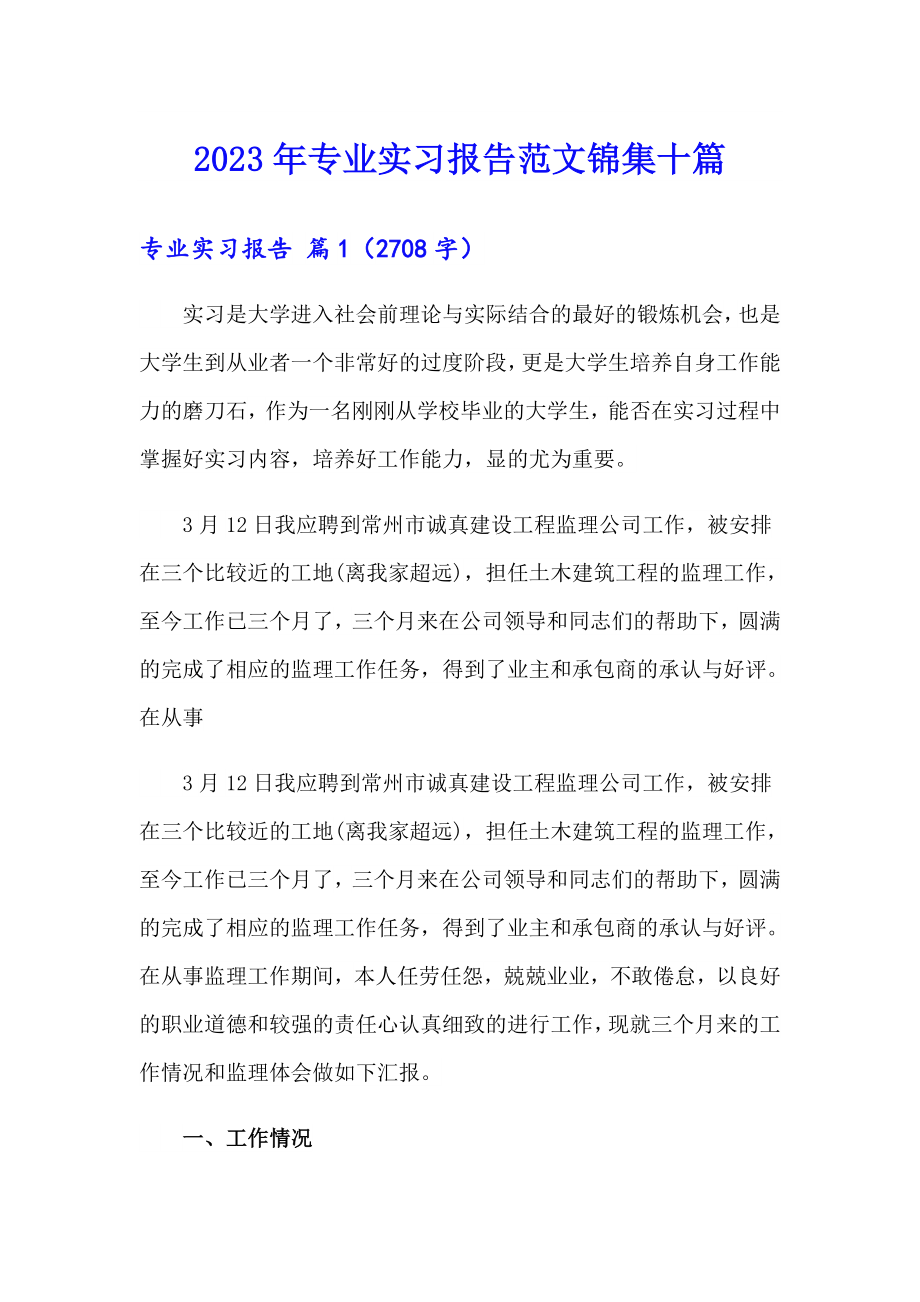 2023年专业实习报告范文锦集十篇【精选模板】_第1页