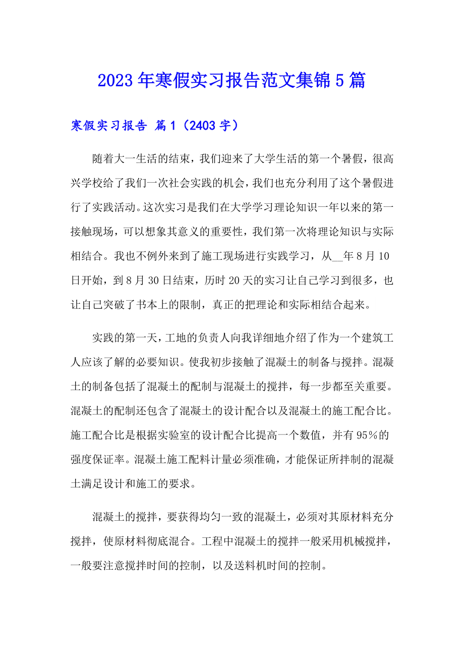 2023年寒假实习报告范文集锦5篇_第1页