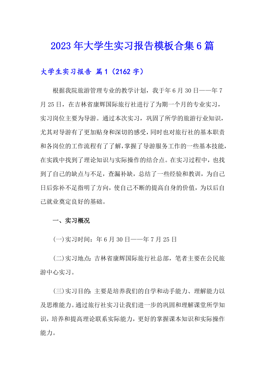 2023年大学生实习报告模板合集6篇（多篇汇编）_第1页