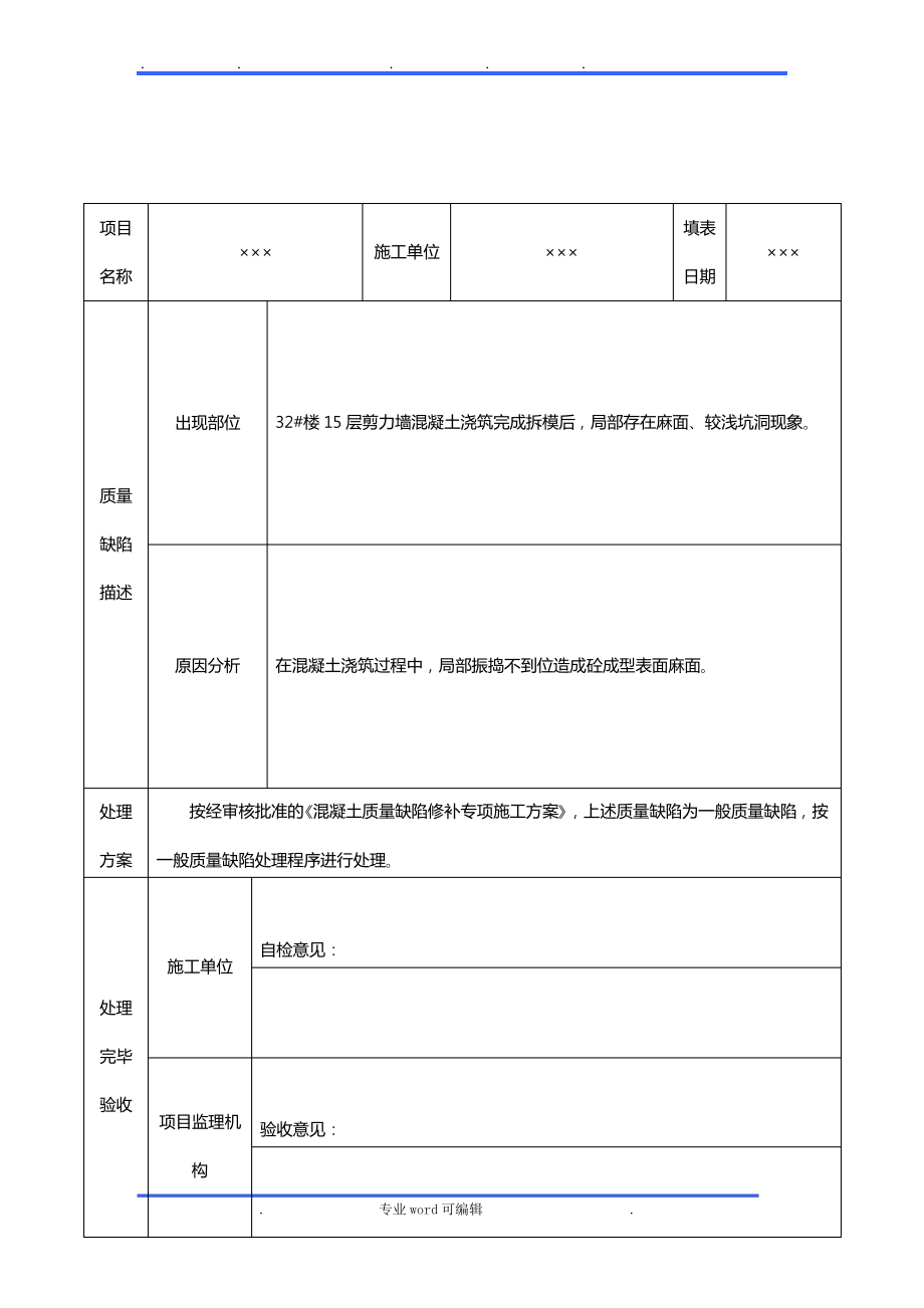 混凝土一般质量缺陷处理报告_质量修复台账_第1页