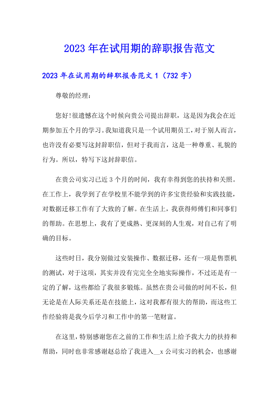 2023年在试用期的辞职报告范文_第1页