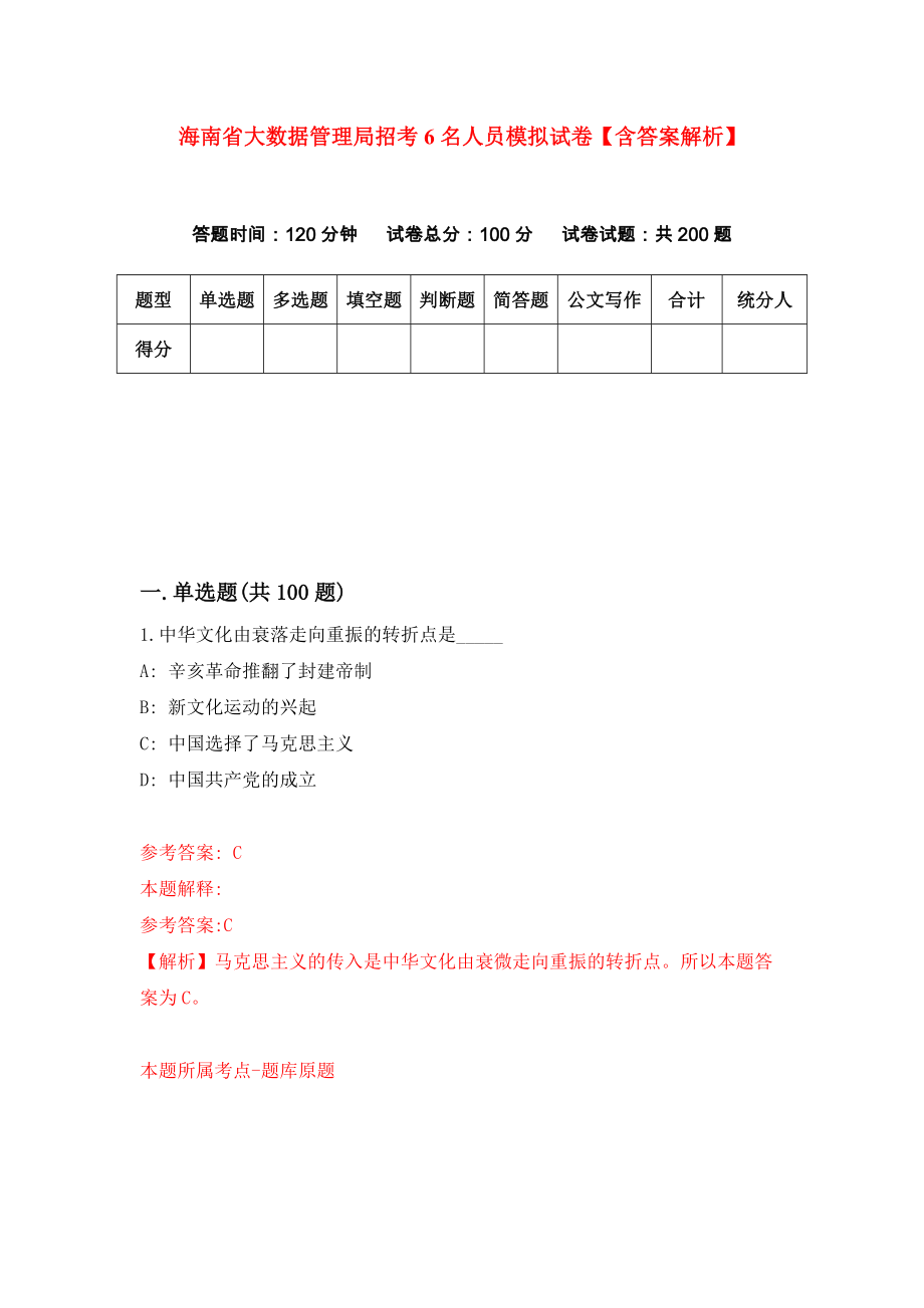 海南省大数据管理局招考6名人员模拟试卷【含答案解析】【6】_第1页