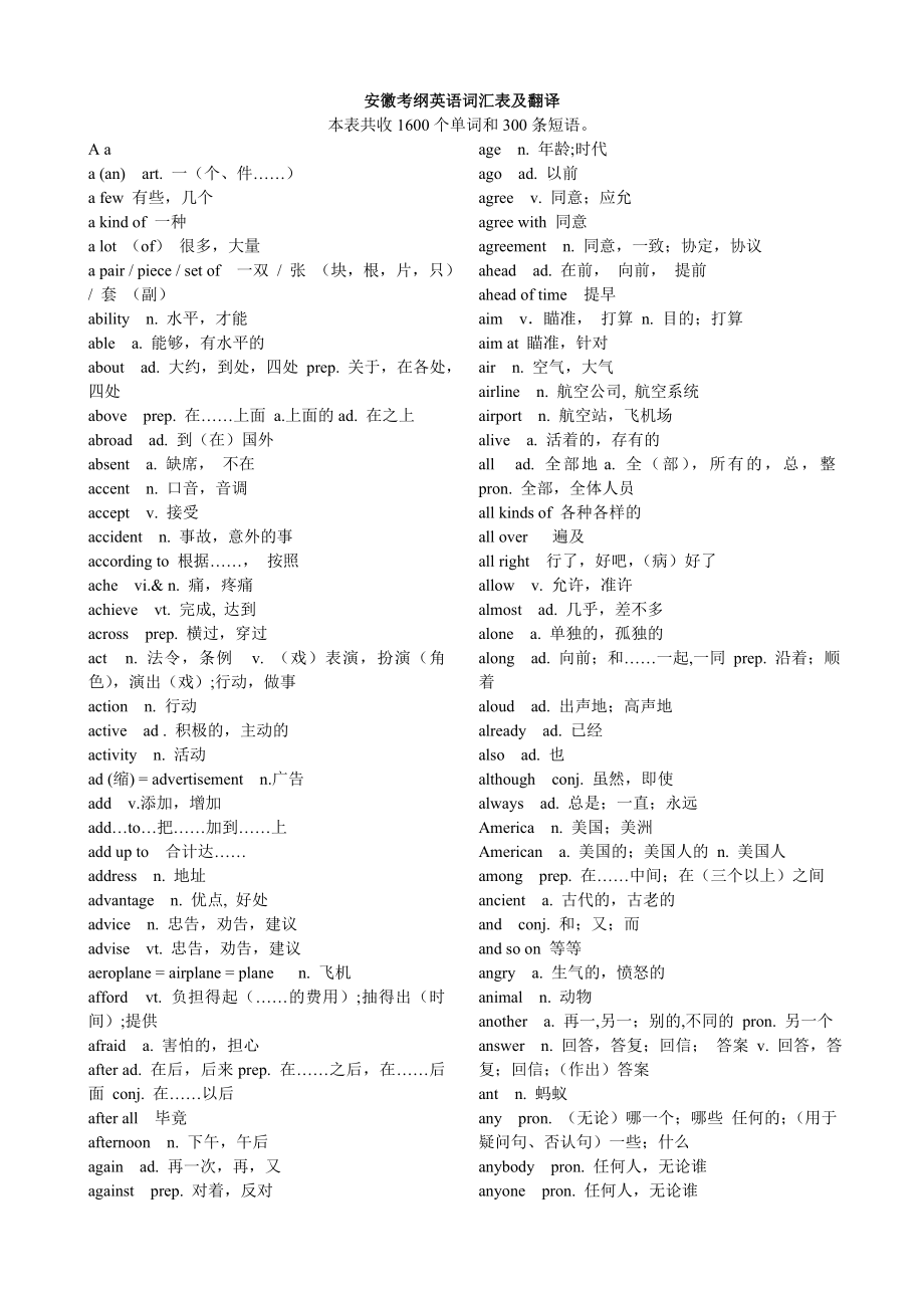 安徽考纲英语词汇表及翻译_第1页