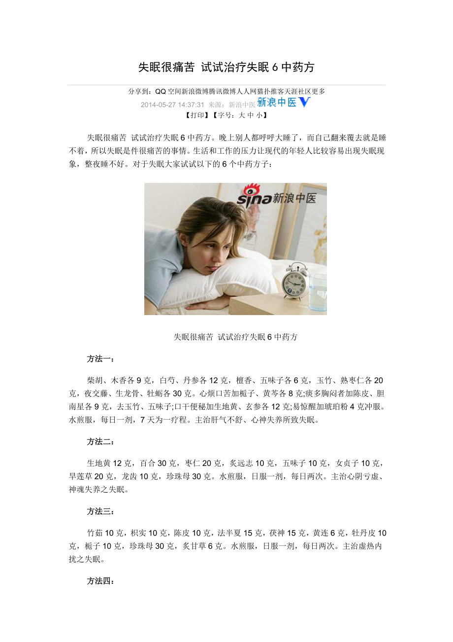 失眠很痛苦 试试治疗失眠6中药方(精品)_第1页