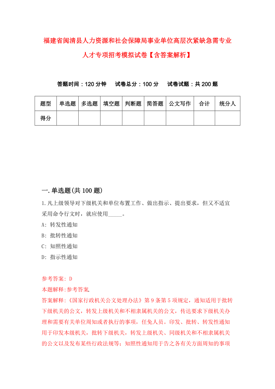 福建省闽清县人力资源和社会保障局事业单位高层次紧缺急需专业人才专项招考模拟试卷【含答案解析】（3）_第1页