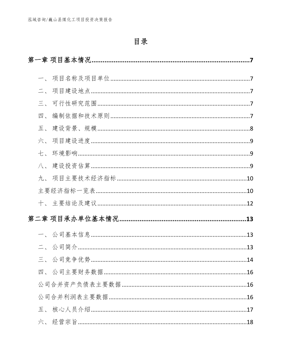 巍山县煤化工项目投资决策报告_模板参考_第1页