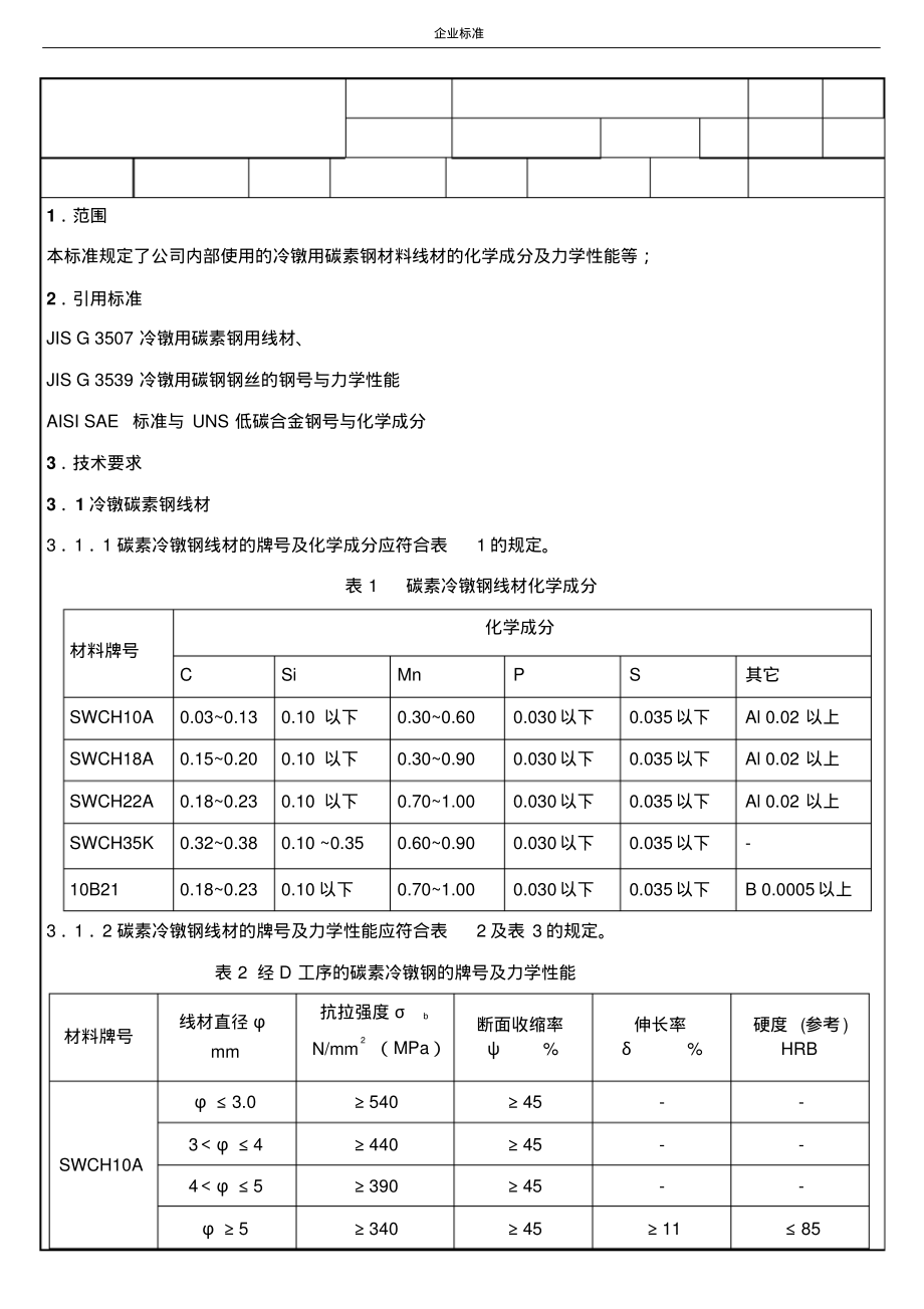 冷镦用碳素钢材料线材的化学成分及力学性能_第1页