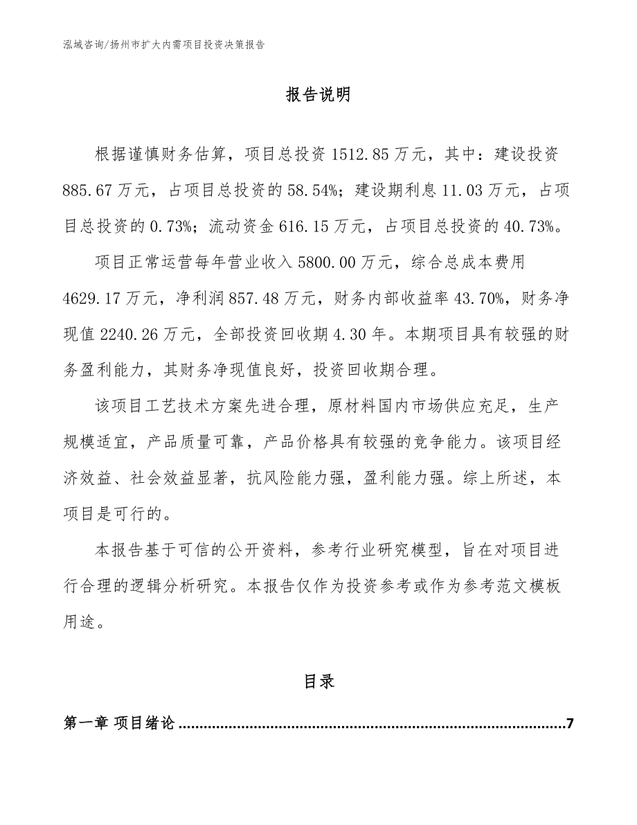 扬州市扩大内需项目投资决策报告模板范文_第1页
