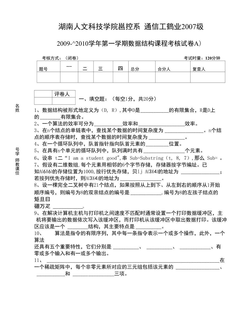 数据结构(A卷)试题_第1页