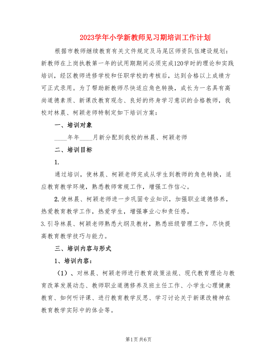 2023学年小学新教师见习期培训工作计划（2篇）.doc_第1页