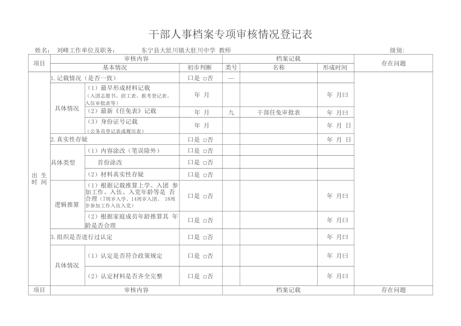 表1：干部人事档案专项审核情况登记表_第1页