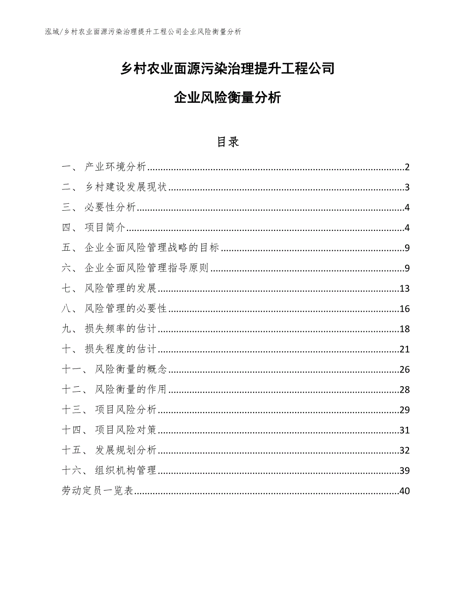 乡村农业面源污染治理提升工程公司企业风险衡量分析_第1页