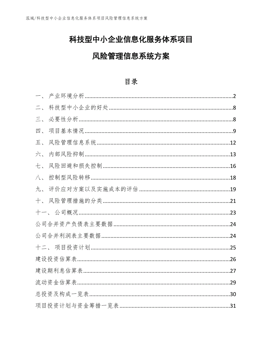 科技型中小企业信息化服务体系项目风险管理信息系统方案_第1页