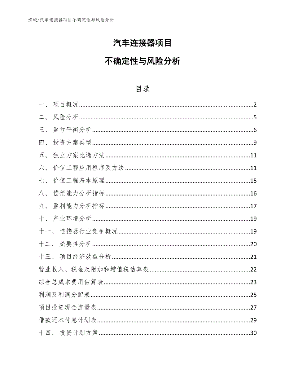 汽车连接器项目不确定性与风险分析（范文）_第1页