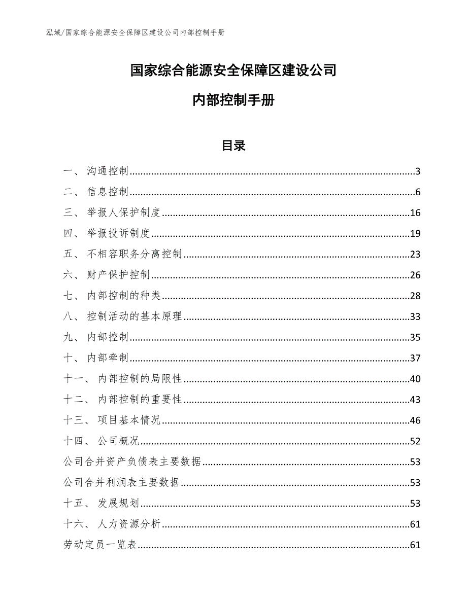 国家综合能源安全保障区建设公司内部控制手册【范文】_第1页