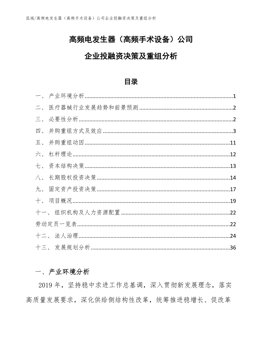 高频电发生器（高频手术设备）公司企业投融资决策及重组分析（范文）_第1页