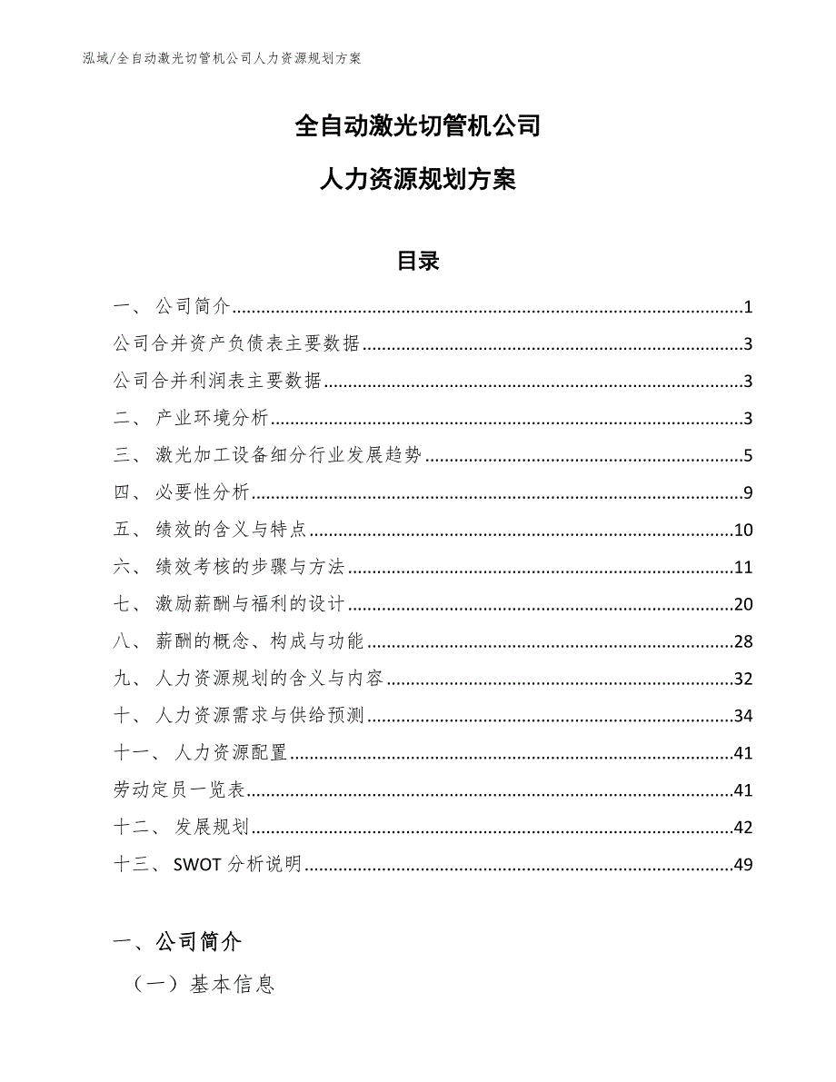 全自动激光切管机公司人力资源规划方案_参考_第1页