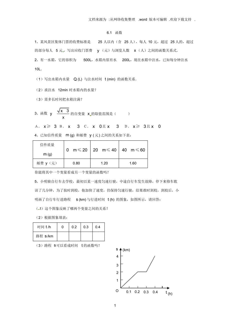 鲁教版数学七上6.1函数同步测试_第1页