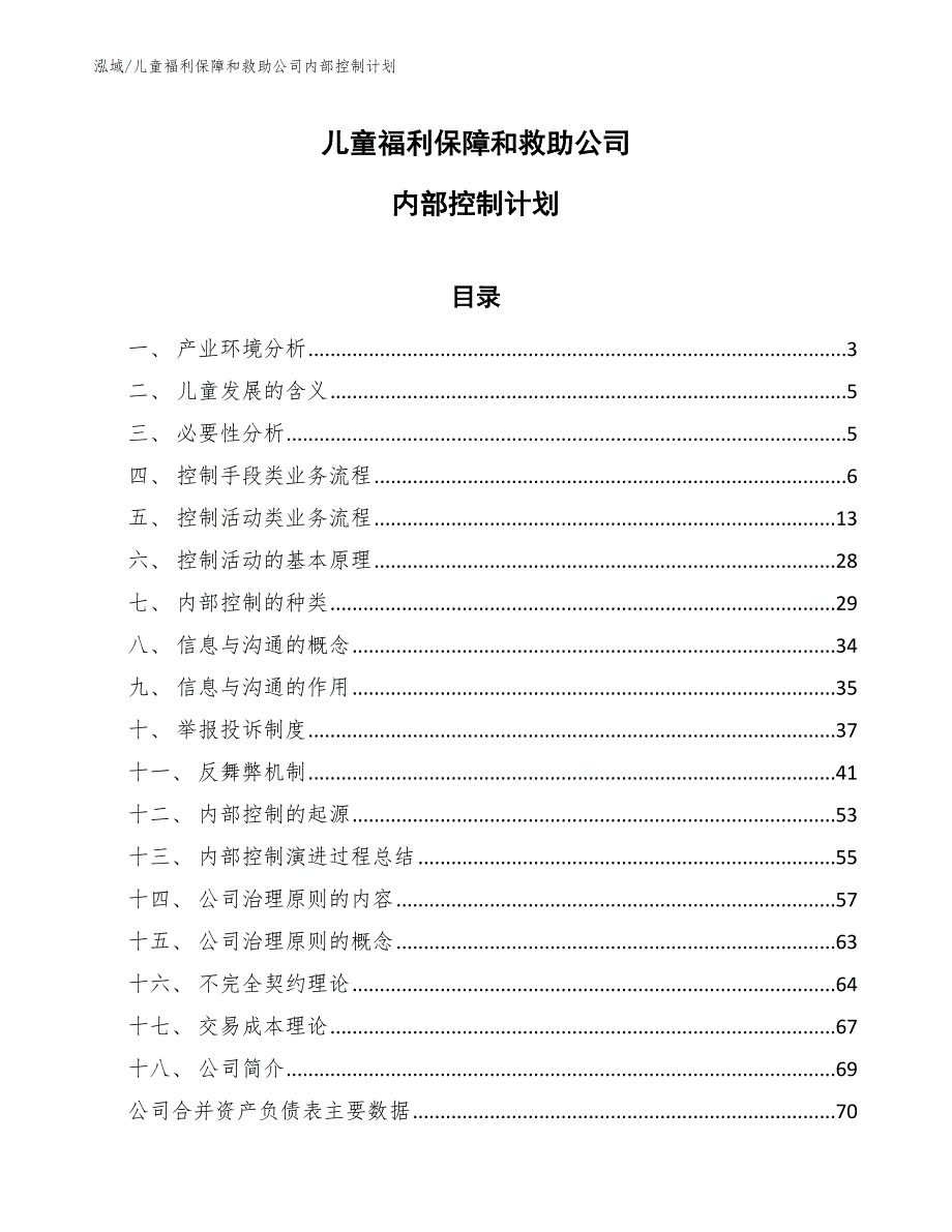 儿童福利保障和救助公司内部控制计划【参考】_第1页