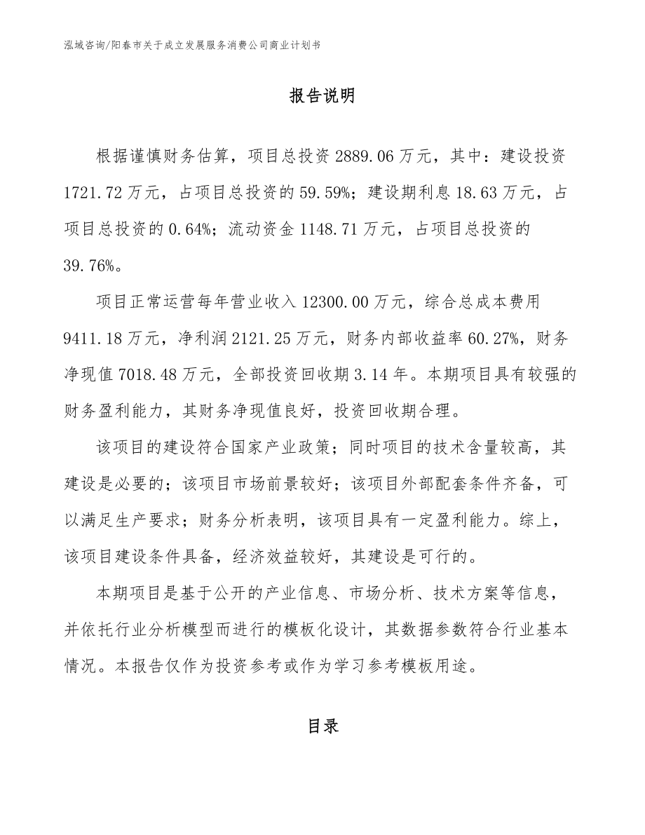 阳春市关于成立发展服务消费公司商业计划书（参考范文）_第1页