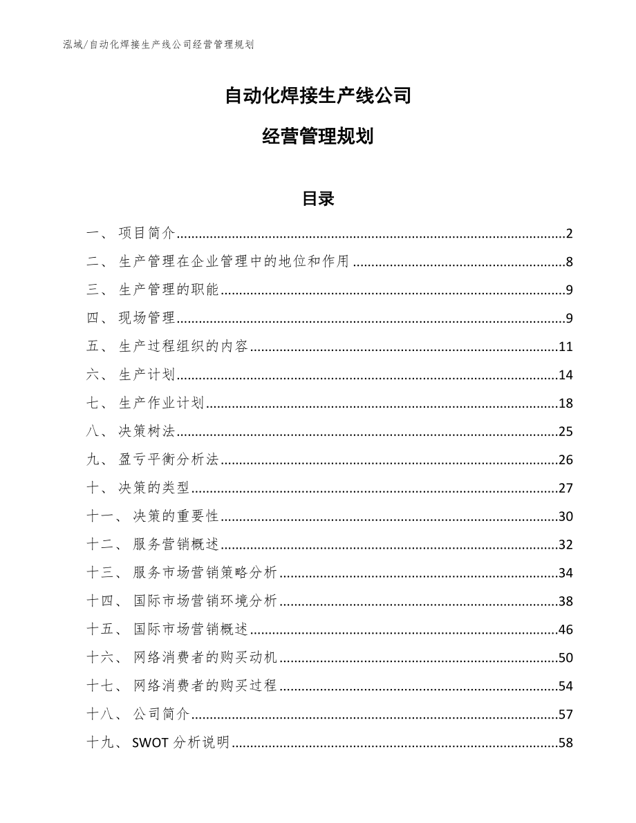 自动化焊接生产线公司经营管理规划_参考_第1页