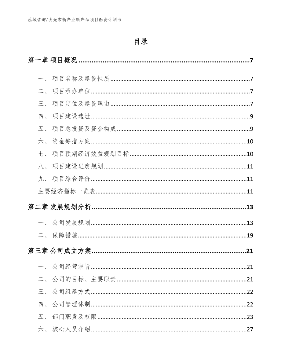 明光市新产业新产品项目融资计划书（模板参考）_第1页