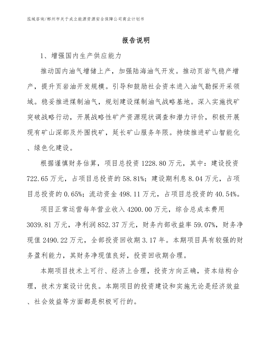 郴州市关于成立能源资源安全保障公司商业计划书_第1页