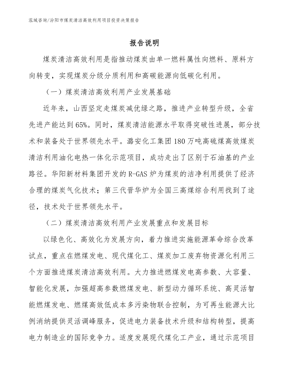 汾阳市煤炭清洁高效利用项目投资决策报告_第1页