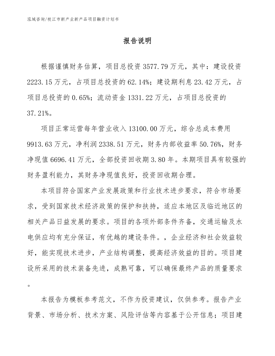 枝江市新产业新产品项目融资计划书范文参考_第1页