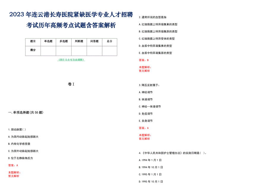 2023年连云港长寿医院紧缺医学专业人才招聘考试历年高频考点试题含答案解析_第1页