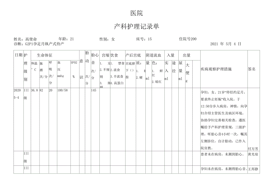 医院产科护理记录单模板_第1页