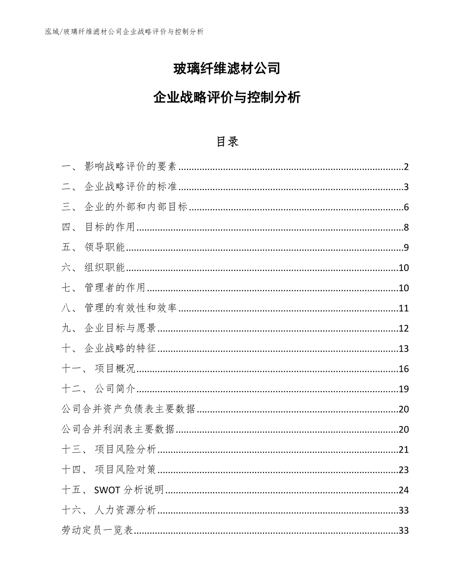 玻璃纤维滤材公司企业战略评价与控制分析（范文）_第1页