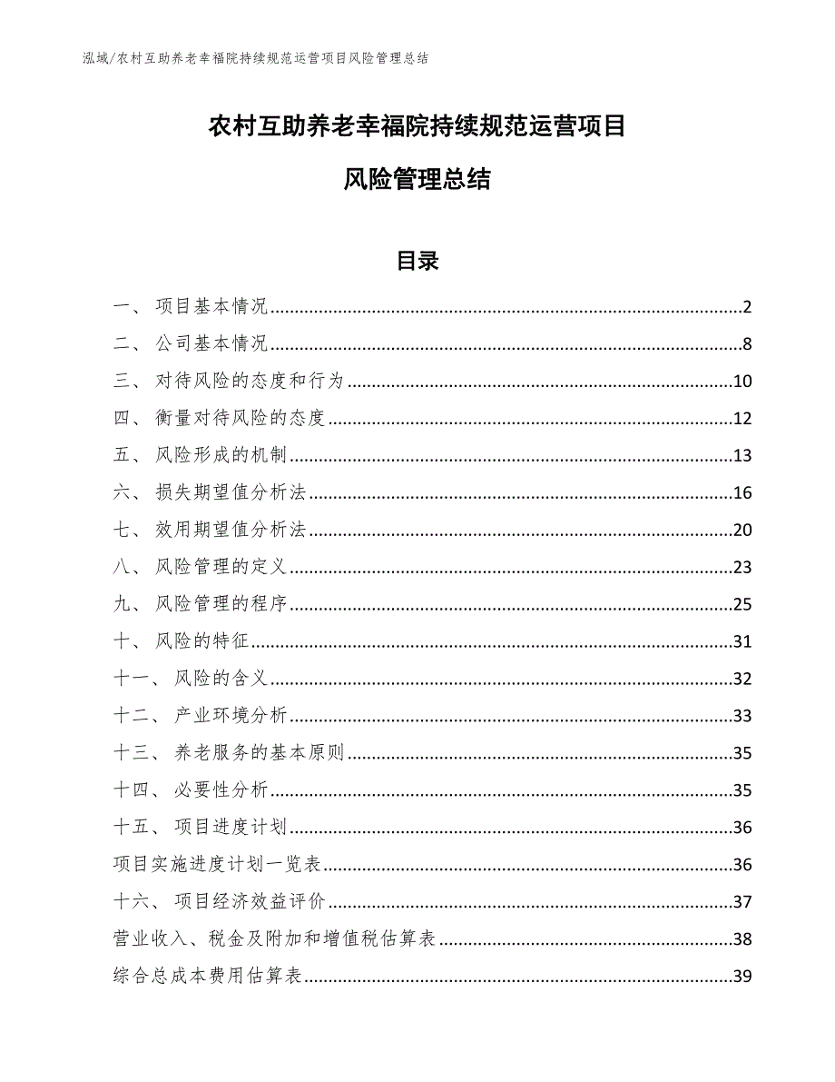 农村互助养老幸福院持续规范运营项目风险管理总结_第1页