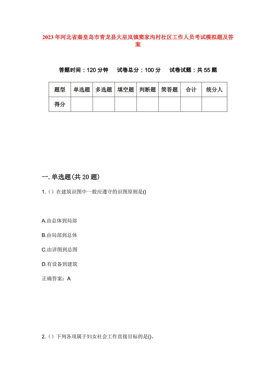 2023年河北省秦皇岛市青龙县大巫岚镇窦家沟村社区工作人员考试模拟题及答案_第1页