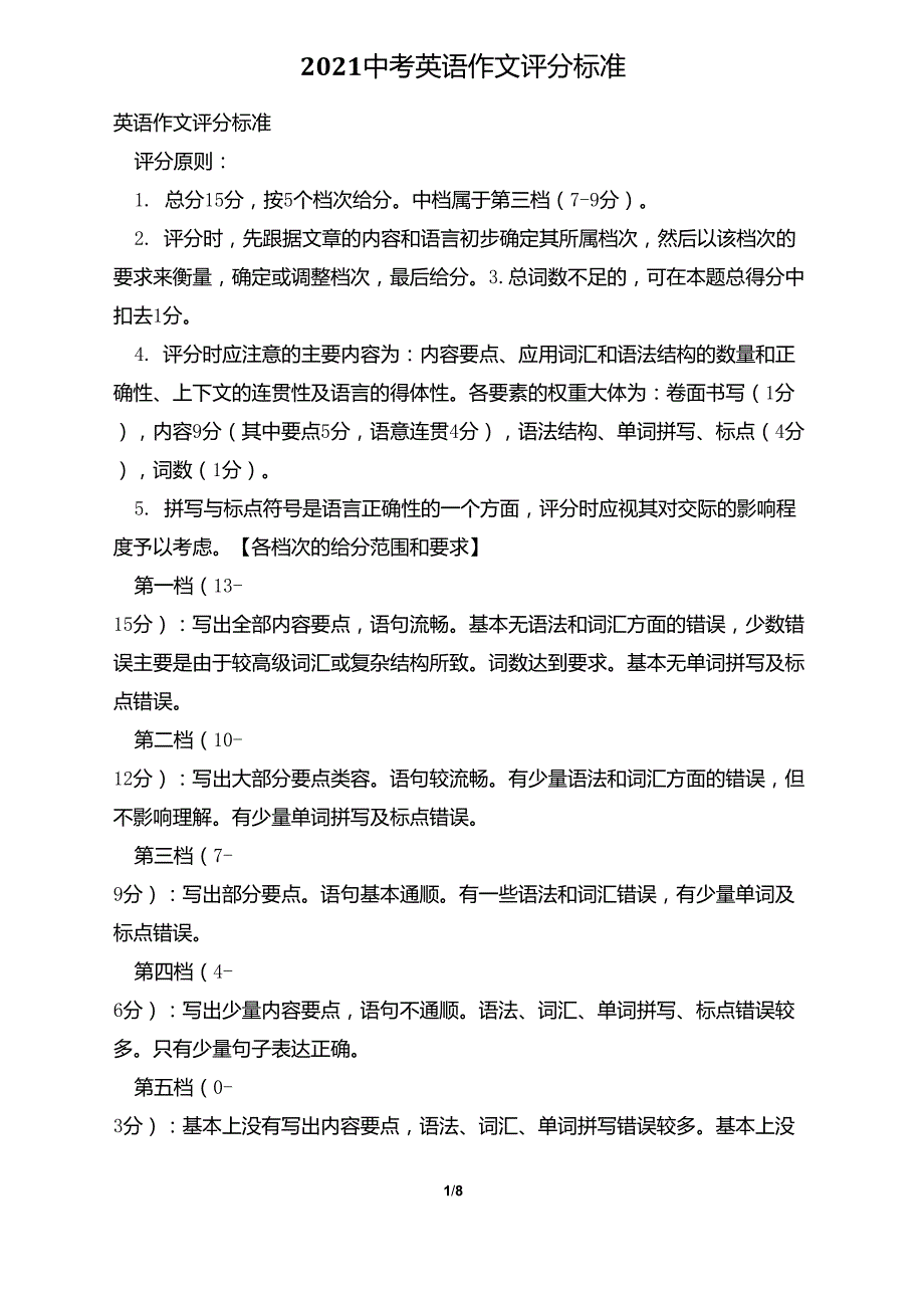 2021中考英语作文评分标准_第1页