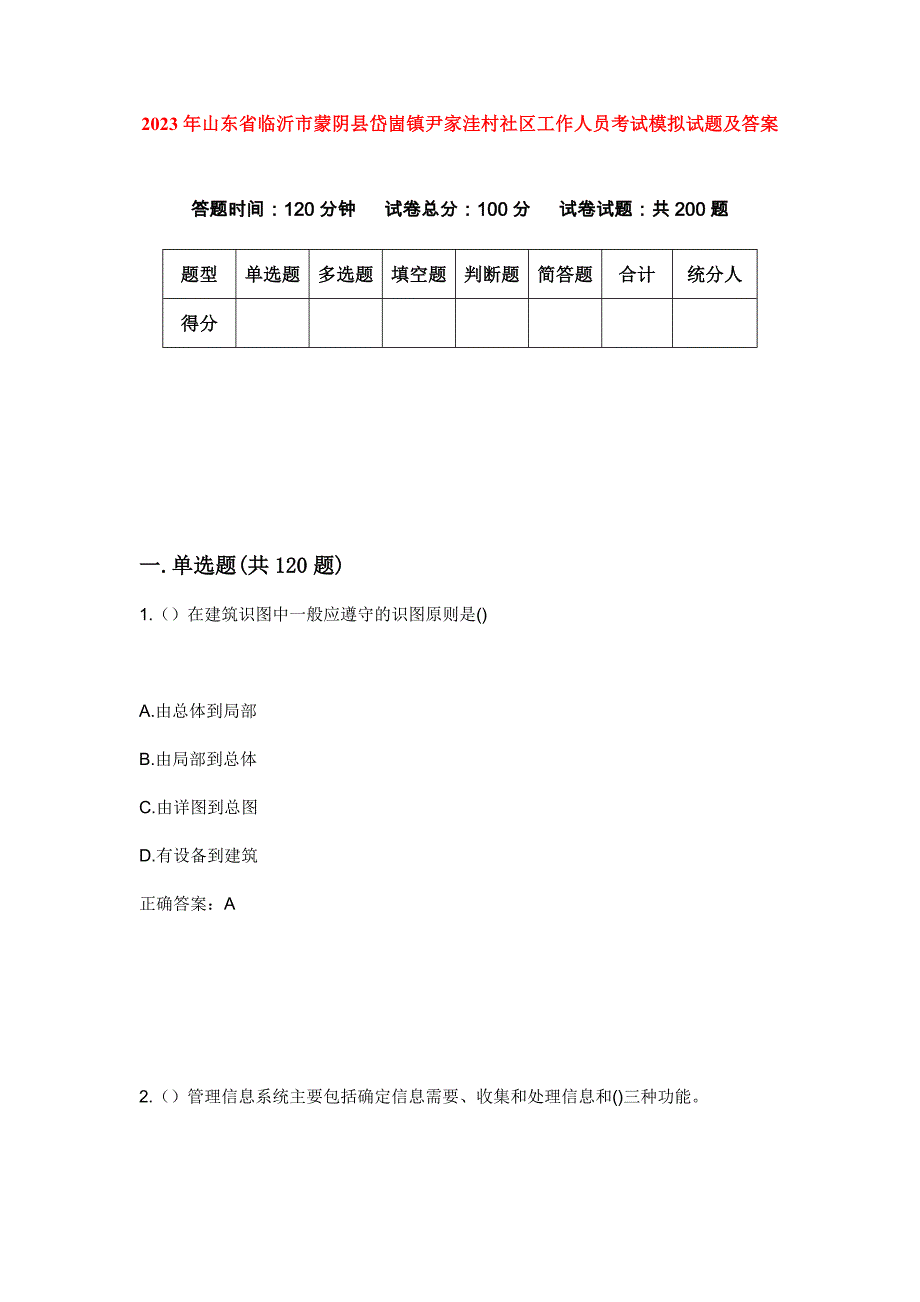 2023年山东省临沂市蒙阴县岱崮镇尹家洼村社区工作人员考试模拟试题及答案_第1页