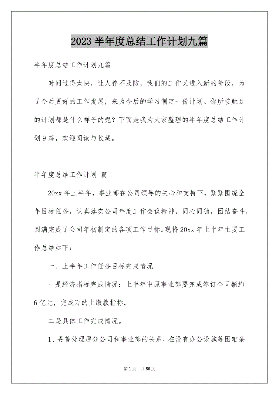 2023半年度总结工作计划九篇_第1页